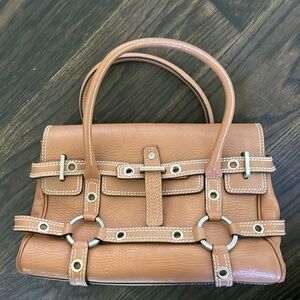 COPY - Luella Tan Leather Handbag with White Stitching. Top Handles. Detachable…